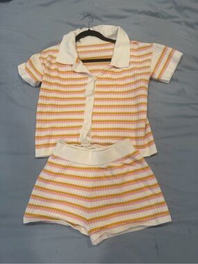 Kids Striped Short Pajama Set - White, Pink & Yellow